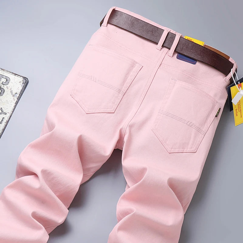 Denim Jeans Men Yellow Pink Solid Color Party Hip Hop Brand Trendy Men Handsome Denim Jeans Straight Slim Casual Pants Red
