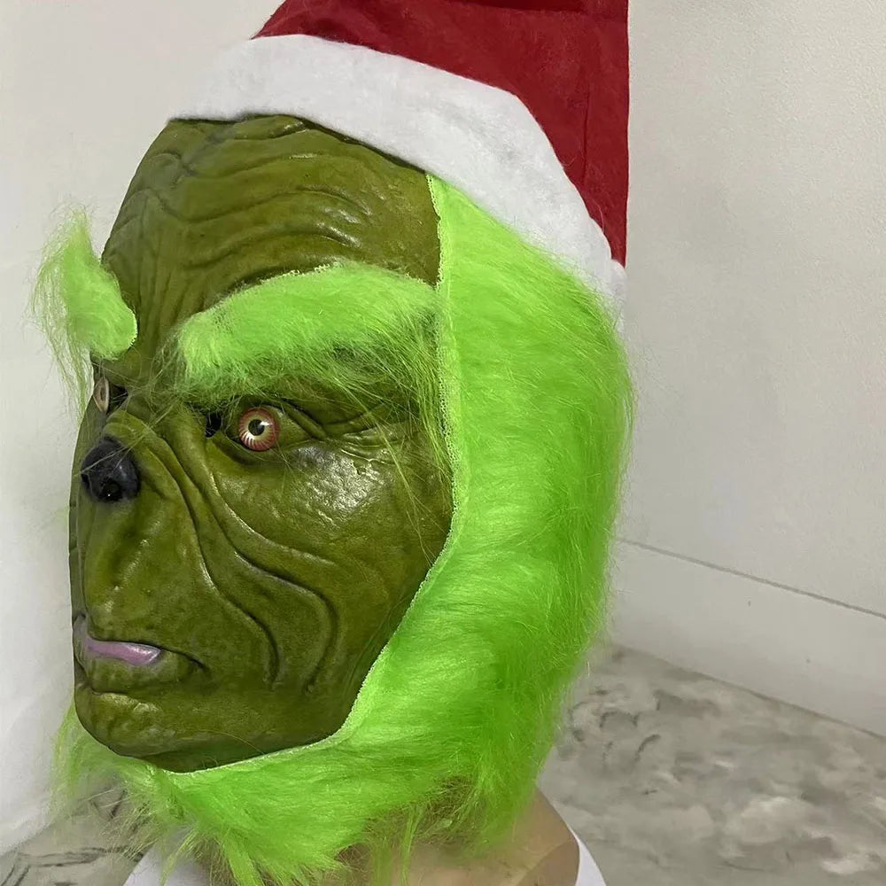 Halloween Prop New Christmas Easter Horror Mask Geek Grinch Latex Mask Hood Cosplay Green Hair Geek Grinch Scary Realistic Mask