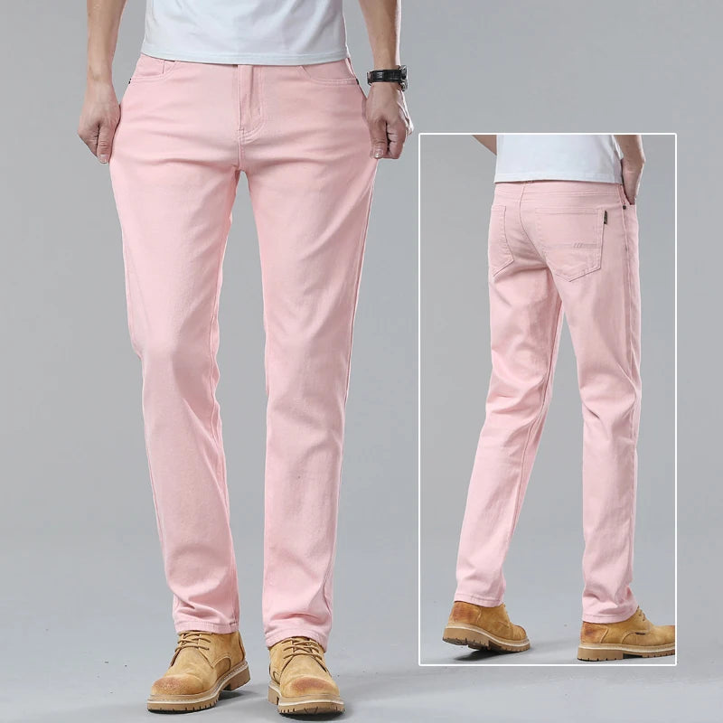 Denim Jeans Men Yellow Pink Solid Color Party Hip Hop Brand Trendy Men Handsome Denim Jeans Straight Slim Casual Pants Red