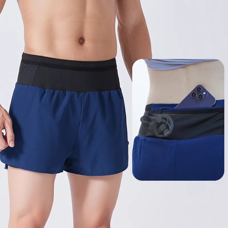 (S-4XL)Men Women Teens Double Layer Quick Dry Marathon Running Sport Shorts with Zipper Pocket Trackless Fitness Training Shorts