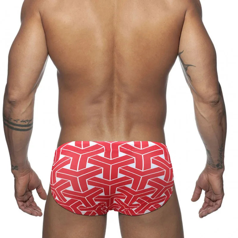 Front Zipper Triangle Swimsuit Print Swim Trunks Low Waist Swimwear Men Sexy Boxers Running Sports Briefs Beachwear Swim Trunks