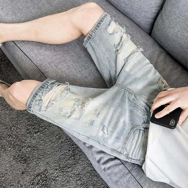 Male Denim Shorts Straight Slim Ripped Men's Short Jeans Pants Skinny Cowboy Rude Harajuku Sale Y2k Fashion Streetwear Jorts Xl