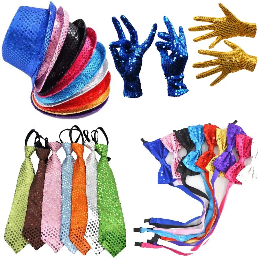 Fashion Boy Girl Men Woman Sequin Hat Bow Tie Gloves Cowboy Birthday Party Cap Jazz Dance Show Props Costume Wedding Festival