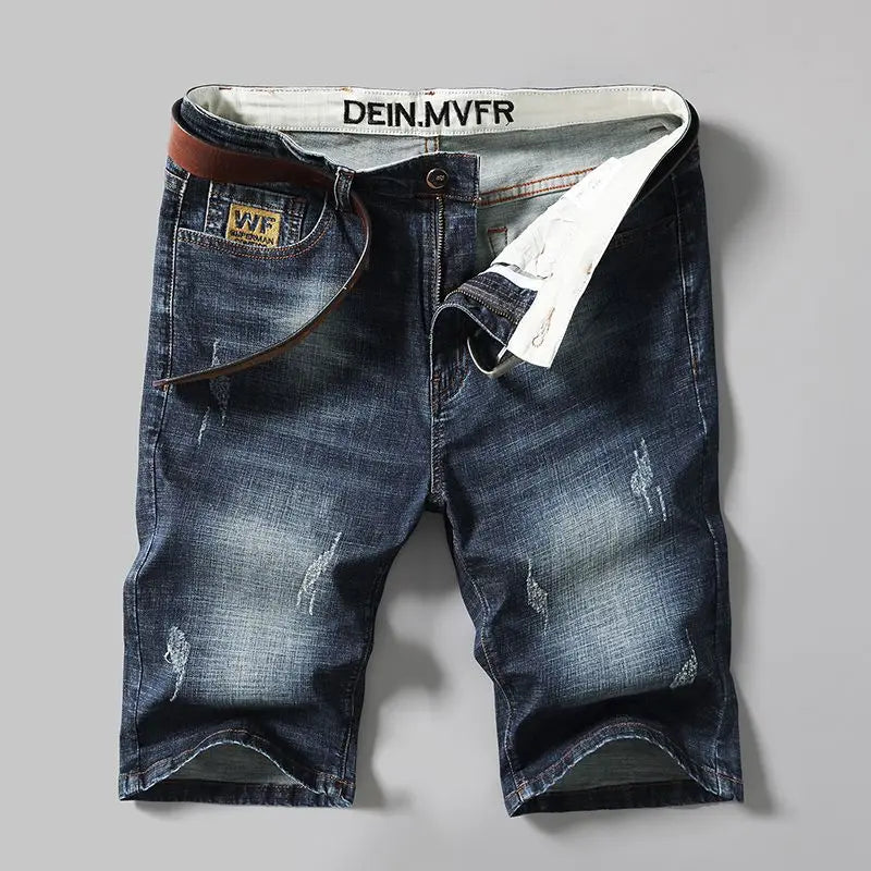 Men's Short Jeans Pants Cargo Ripped with Pockets Vintage Male Denim Shorts Streetwear Jorts Luxury Wih Zipper Buttons Blue Rude