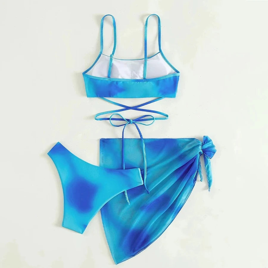 3 Pieces Bikini Suit Tie Dye Sexy Low Waist Bandage Swim Vest And Shorts Cover Up Swimwear Female Women Bathing Suits