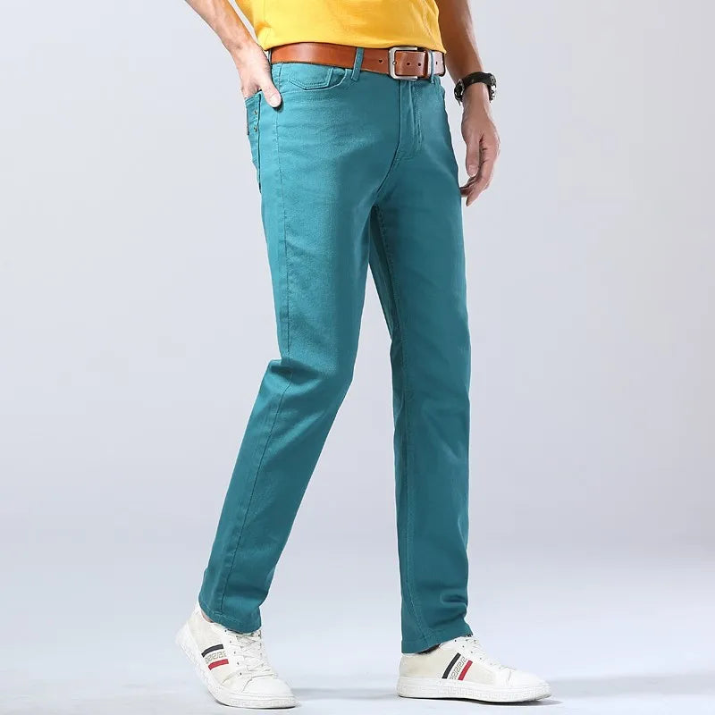 New Men's Denim Jeans Straight Stretch Pants Solid Color Fashion Business Casual Classic High Quality Red Yellow Blue White