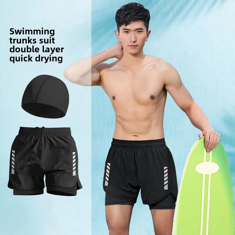 2025 New Anti Embarrassment Swimming Gear Complete Adult Swimsuit Set Swim Cap Goggles 3 Pcs Set Swimming Trunks for Men Short