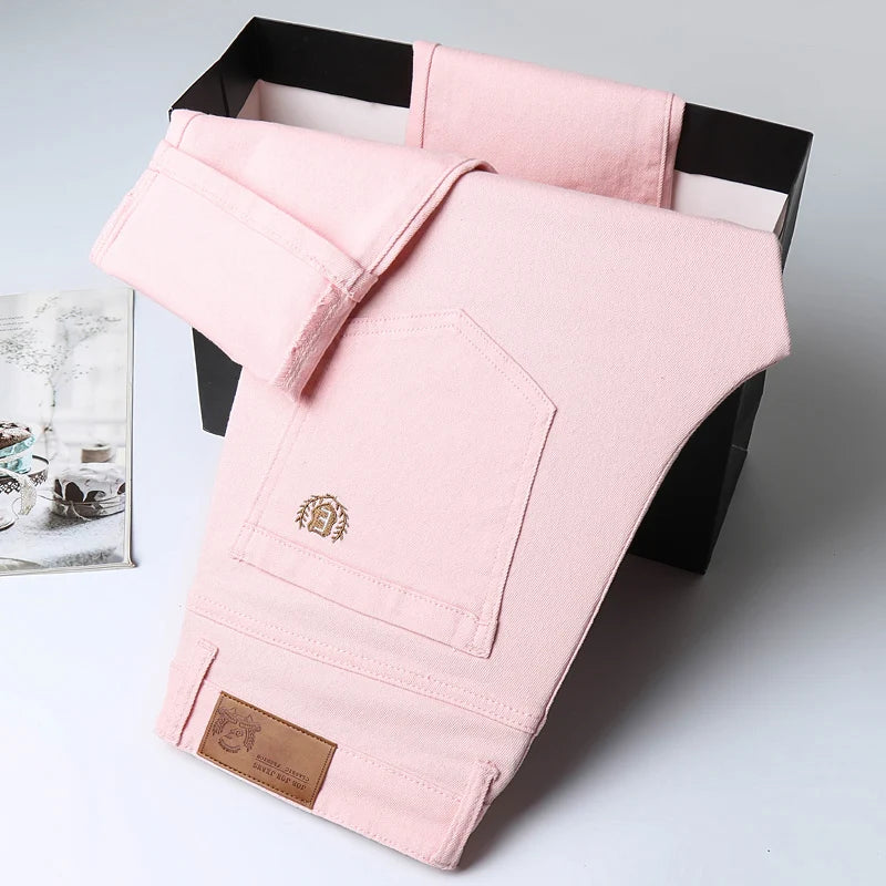 Men's Casual Stretch Slim New Jeans Solid color Business Fashion Casual Jeans Korean Straight Yellow Pink Red Male Clothing