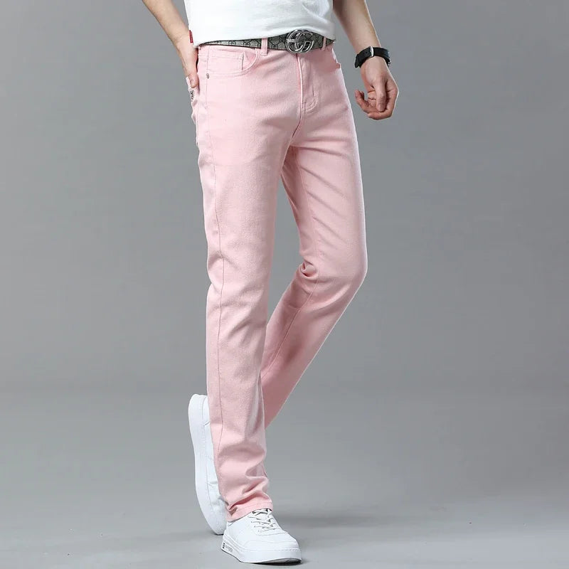 Men's Straight Pink Jeans High Quality Design Fashionable Denim Pants Stretch Slim Casual Youth Streetwear Male Yellow Red