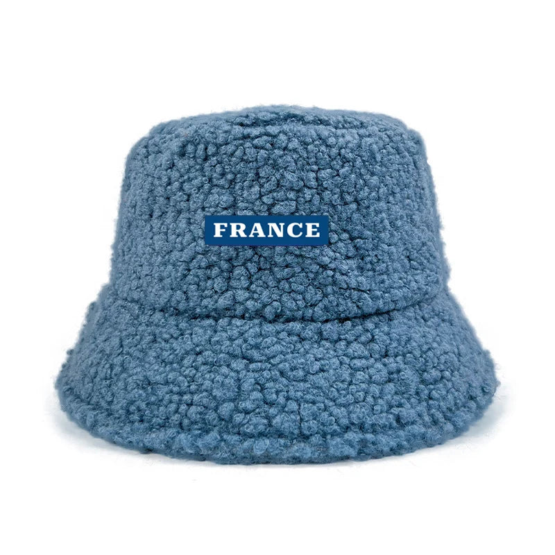 Custom Logo Text France Lamb Faux Fur bob Bucket Hat Winter Warm Velvet Hat For Women Lady Outdoor men Panama Fisherman VEST Hat