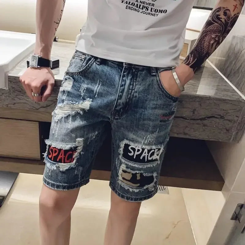 Man Denim Shorts with Text Straight Ripped Camouflage Short Jeans Pants for Men Original Thin Korean Fashion Cut Popular Summer