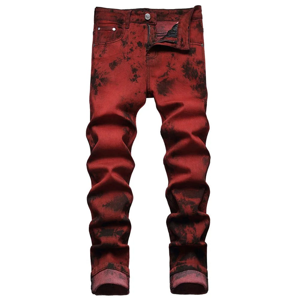 Men Tie and Dye Stretch Denim Jeans Brick Red Slim Straight Pants Streetwear Trousers