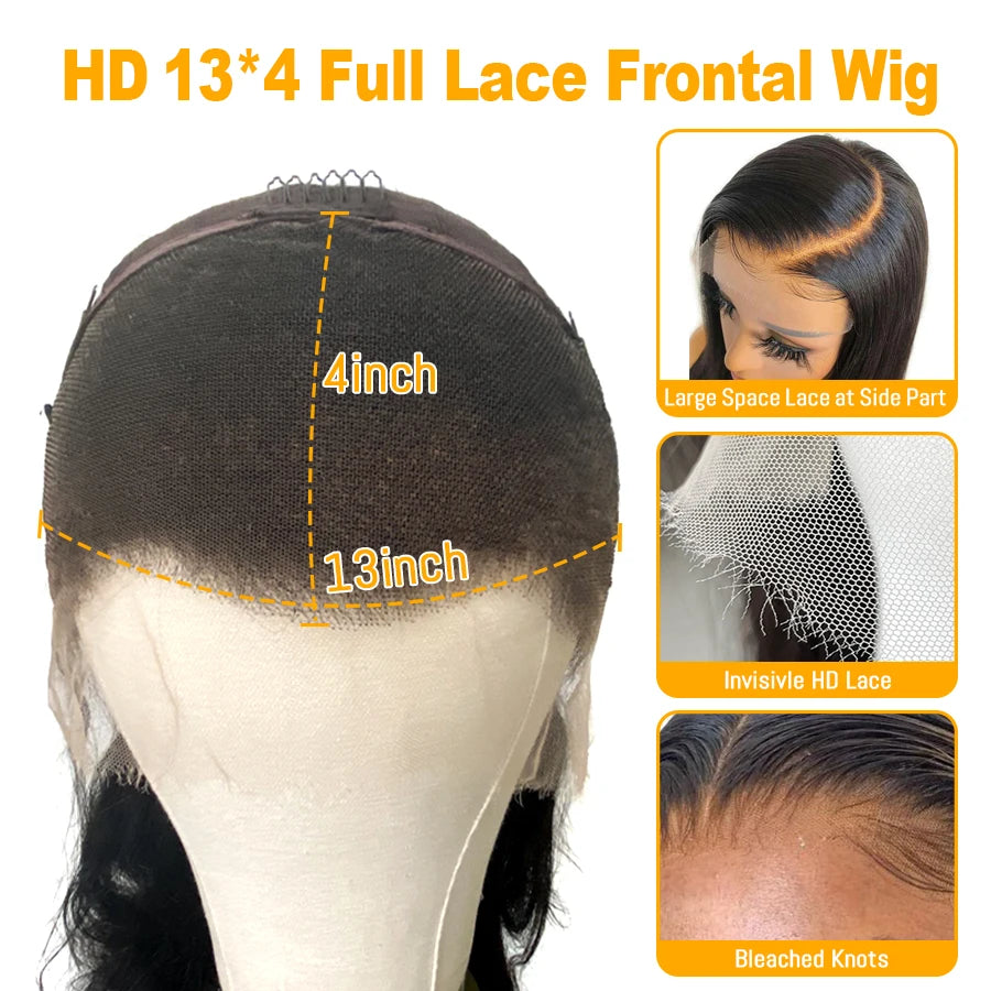 13x6 34inch HD Lace Front Wig Human Hair Wigs Body Wave Full Frontal Wig Pre Plucked Lace Closure Wigs Brazilian Hair Melt Skins