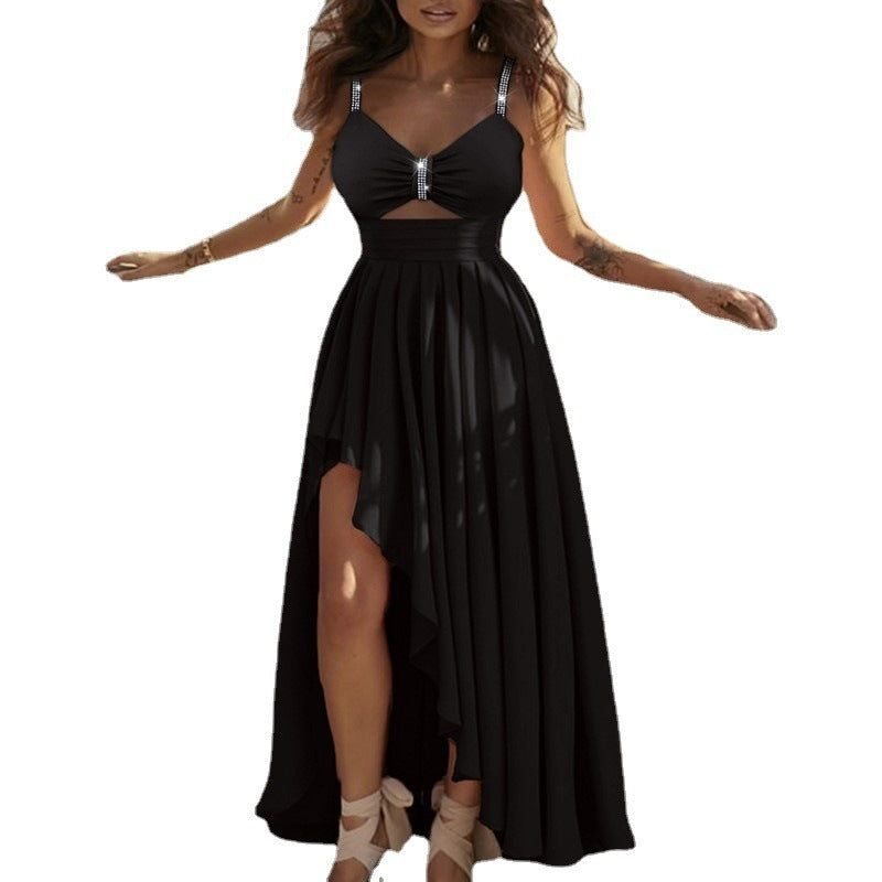 New Pleated A- Line Strap Rhinestone Dress For Women