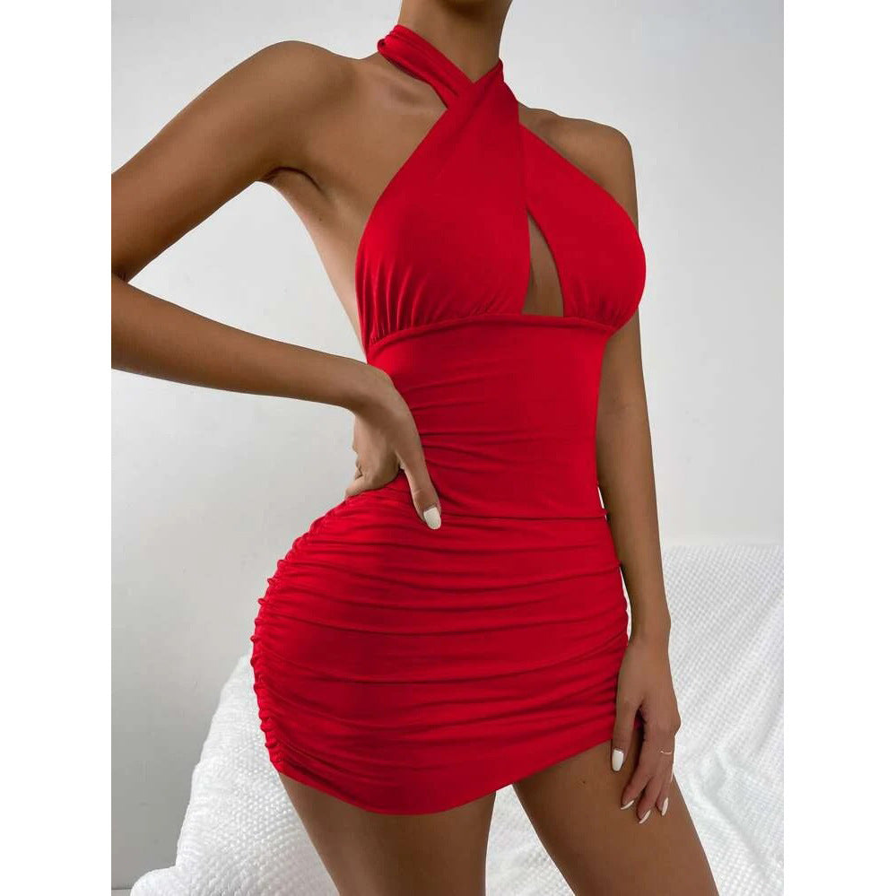 New Solid Color Cross Halter Temperament Sheath Dress For Women