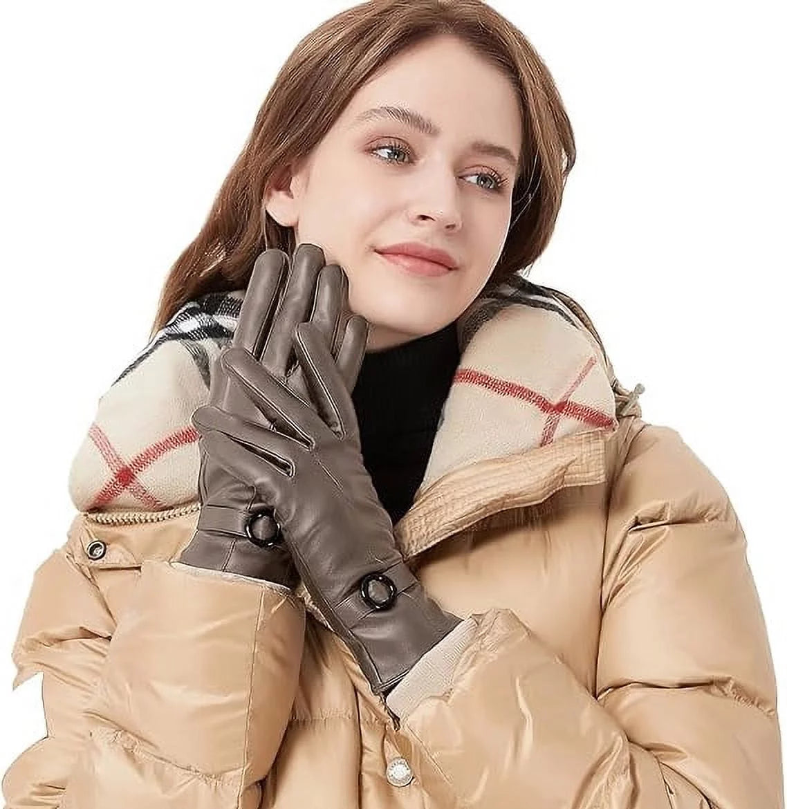 Winter Lambskin Leather Women'S Gloves with Touchscreen Texting and Warm Driving Function