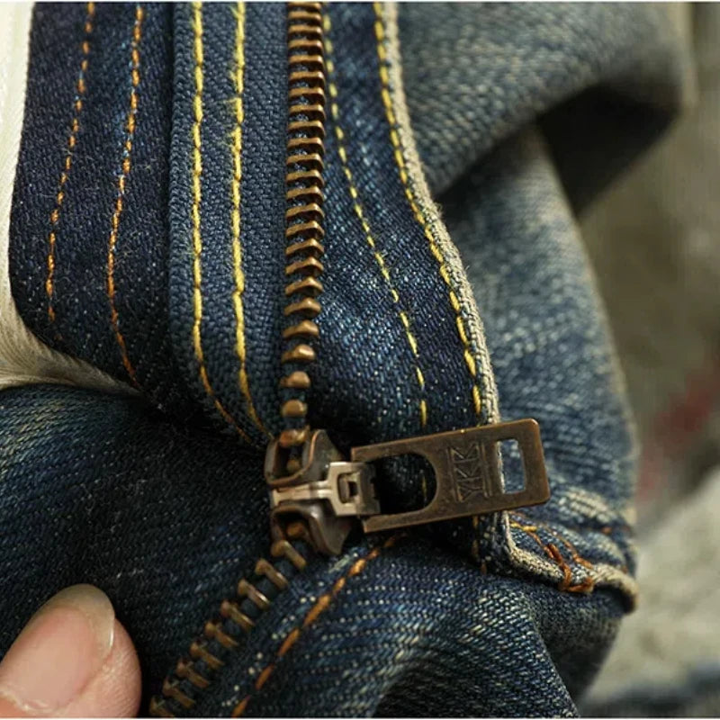 14.5OZ Heavy American High Street trend high-end Red denim jeans Men do old patch embroidered micro-coned red hem pants