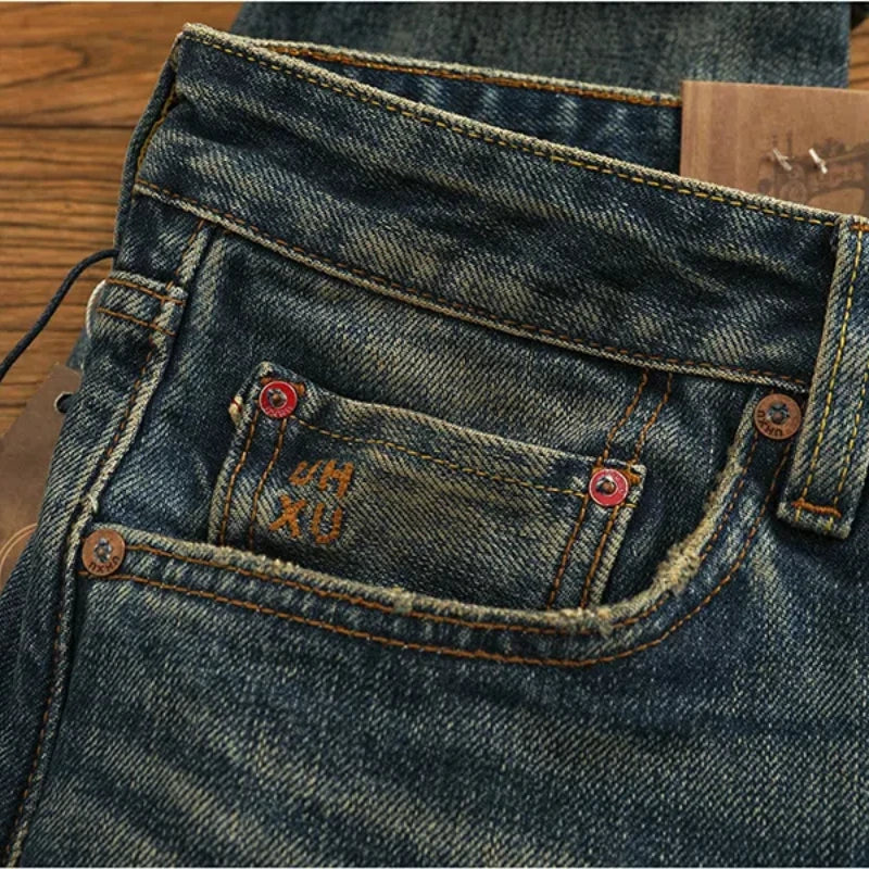 14.5OZ Heavy American High Street trend high-end Red denim jeans Men do old patch embroidered micro-coned red hem pants