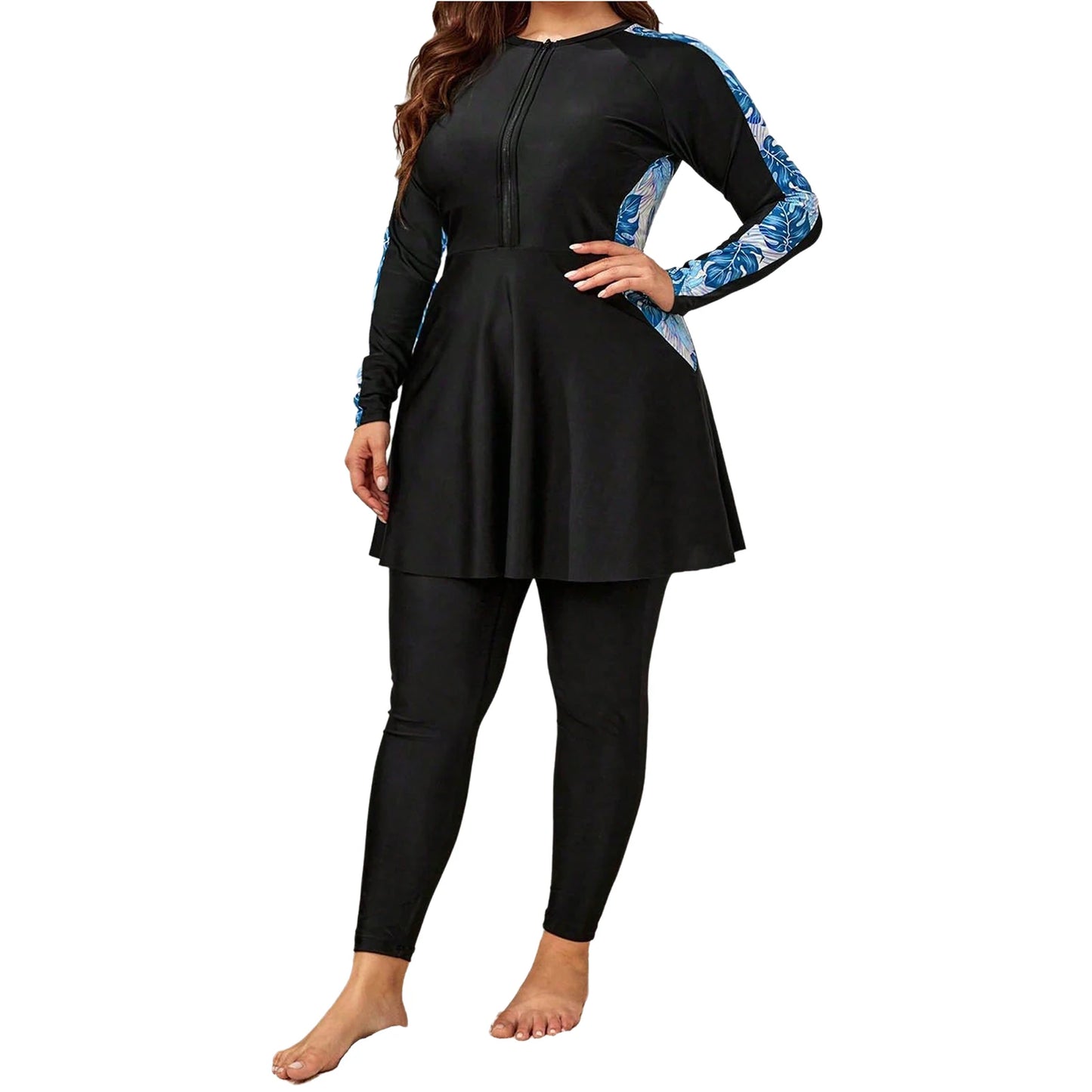 Women Plus Size Two-Piece Swimsuit Long Sleeve Floral Print Zipper Dress with Leggings Swimwear Bathing Suit Rash Guard Wetsuit
