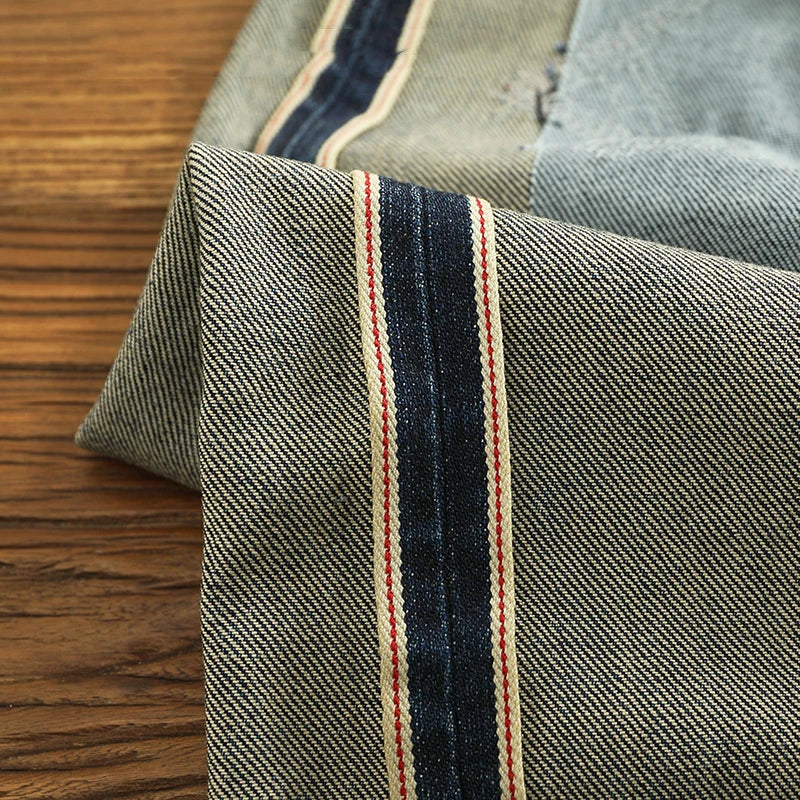 14.5OZ Heavy American High Street trend high-end Red denim jeans Men do old patch embroidered micro-coned red hem pants