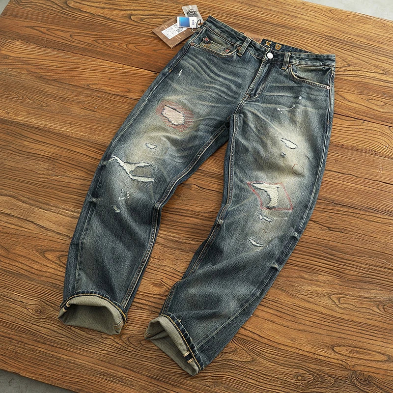 14.5OZ Heavy American High Street trend high-end Red denim jeans Men do old patch embroidered micro-coned red hem pants