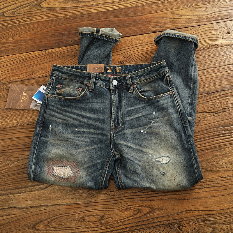 14.5OZ Heavy American High Street trend high-end Red denim jeans Men do old patch embroidered micro-coned red hem pants