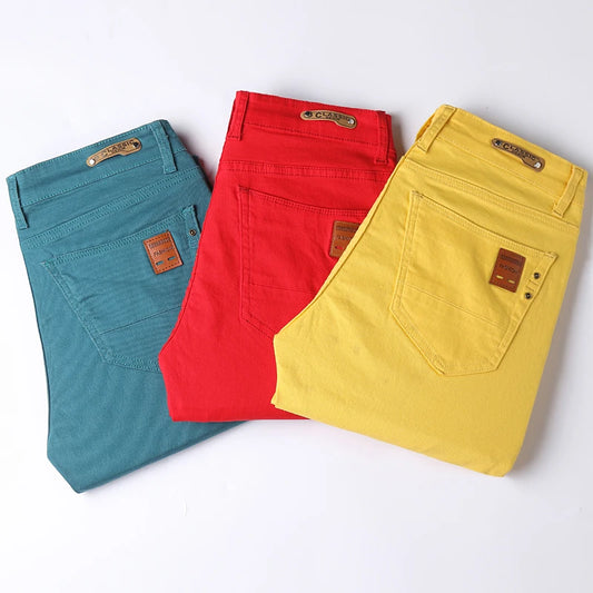 Fashion Straight Stretch Denim Pants Solid New Men's Slim Jeans Solid Yellow Red Green Blue Business Casual Classic Trousers