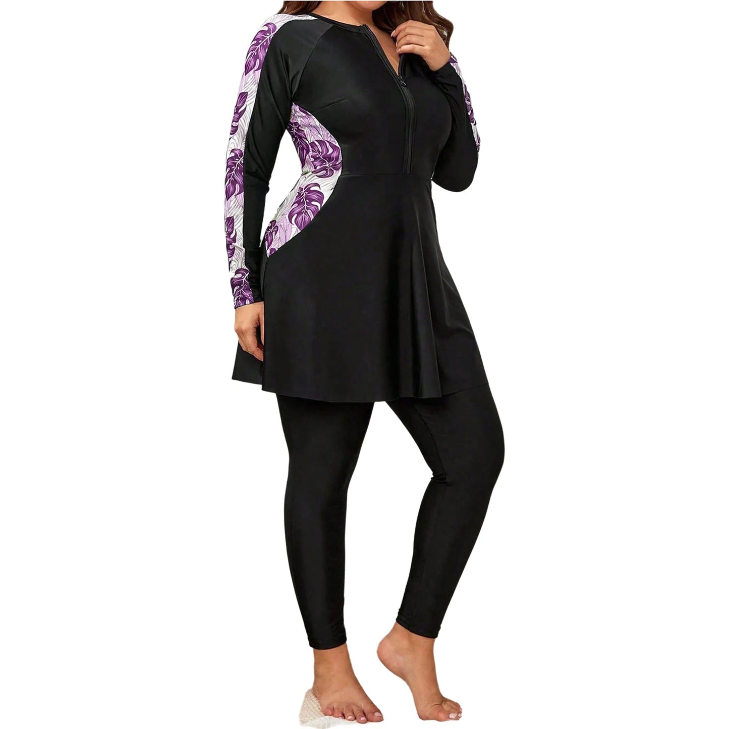 Women Plus Size Two-Piece Swimsuit Long Sleeve Floral Print Zipper Dress with Leggings Swimwear Bathing Suit Rash Guard Wetsuit