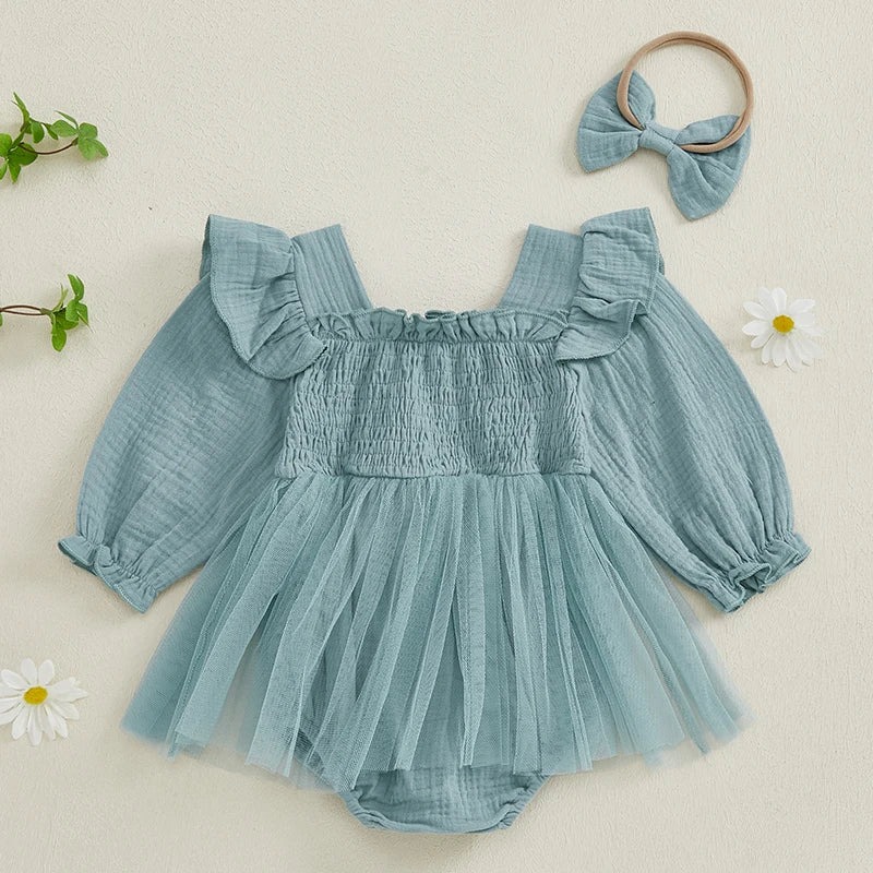 Baby Girls Romper Dress Mesh Flower Letter Pattern Ruffled Long Sleeve Smocked Jumpsuits Bow Headband