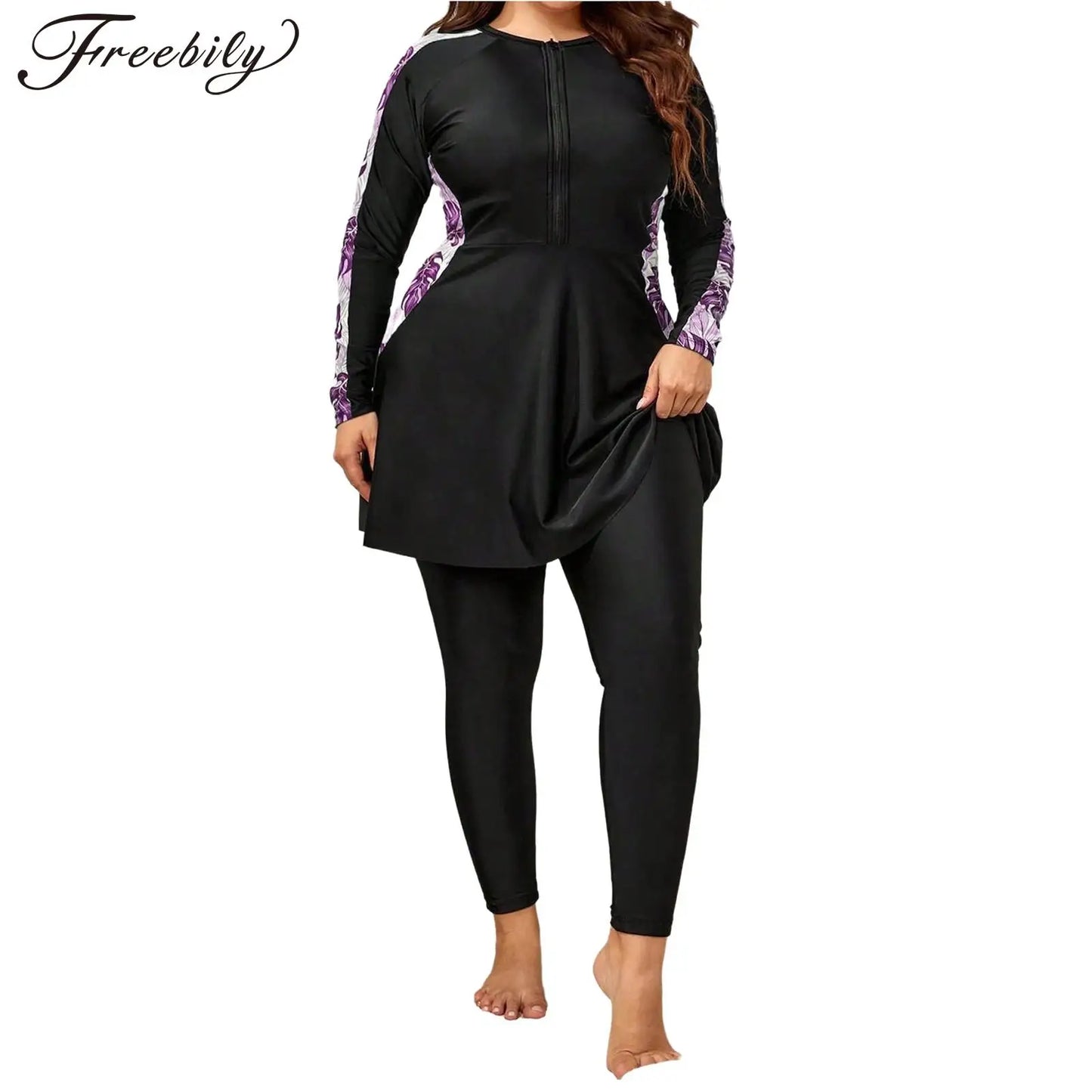 Women Plus Size Two-Piece Swimsuit Long Sleeve Floral Print Zipper Dress with Leggings Swimwear Bathing Suit Rash Guard Wetsuit