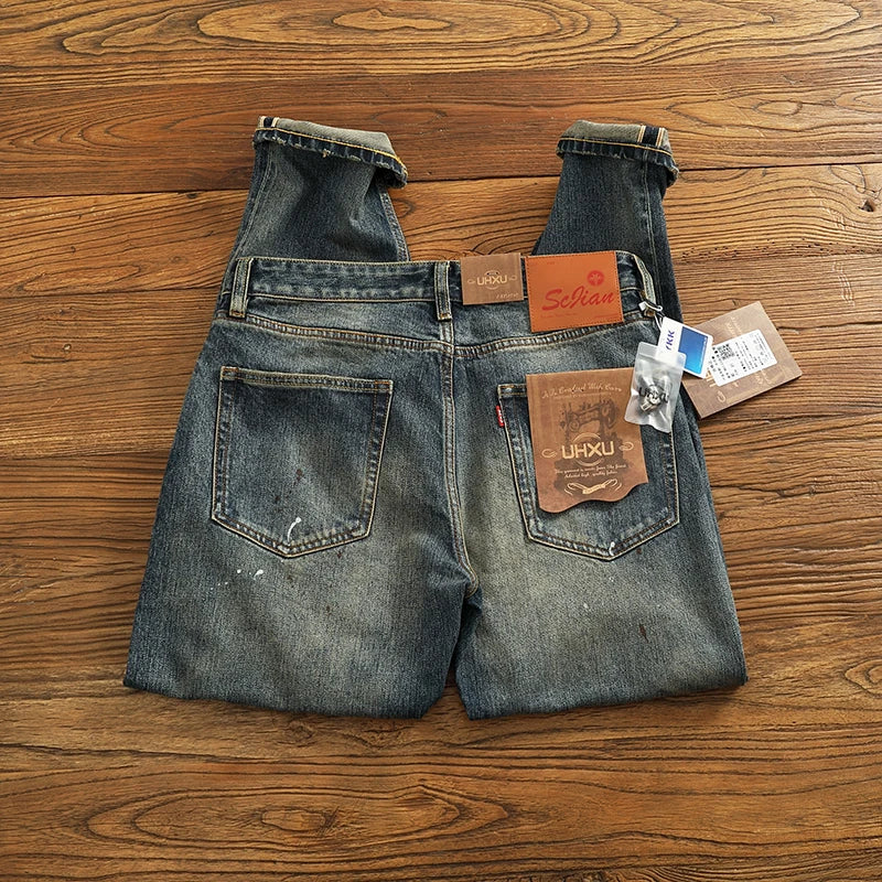 14.5OZ Heavy American High Street trend high-end Red denim jeans Men do old patch embroidered micro-coned red hem pants