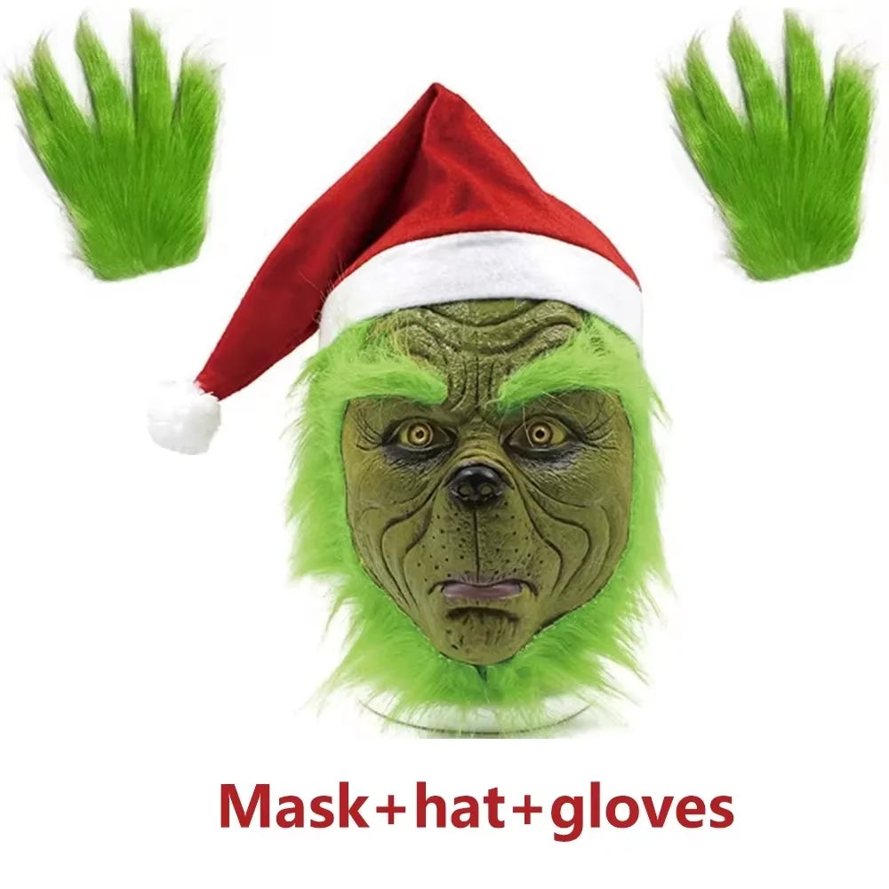 Halloween Prop New Christmas Easter Horror Mask Geek Grinch Latex Mask Hood Cosplay Green Hair Geek Grinch Scary Realistic Mask