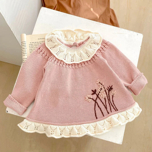 Autumn new outfit for 0-3 year old baby children's clothing, girl baby lotus leaf collar cute long sleeved knitted long top