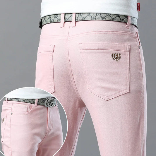 Men's Casual Stretch Slim New Jeans Solid color Business Fashion Casual Jeans Korean Straight Yellow Pink Red Male Clothing