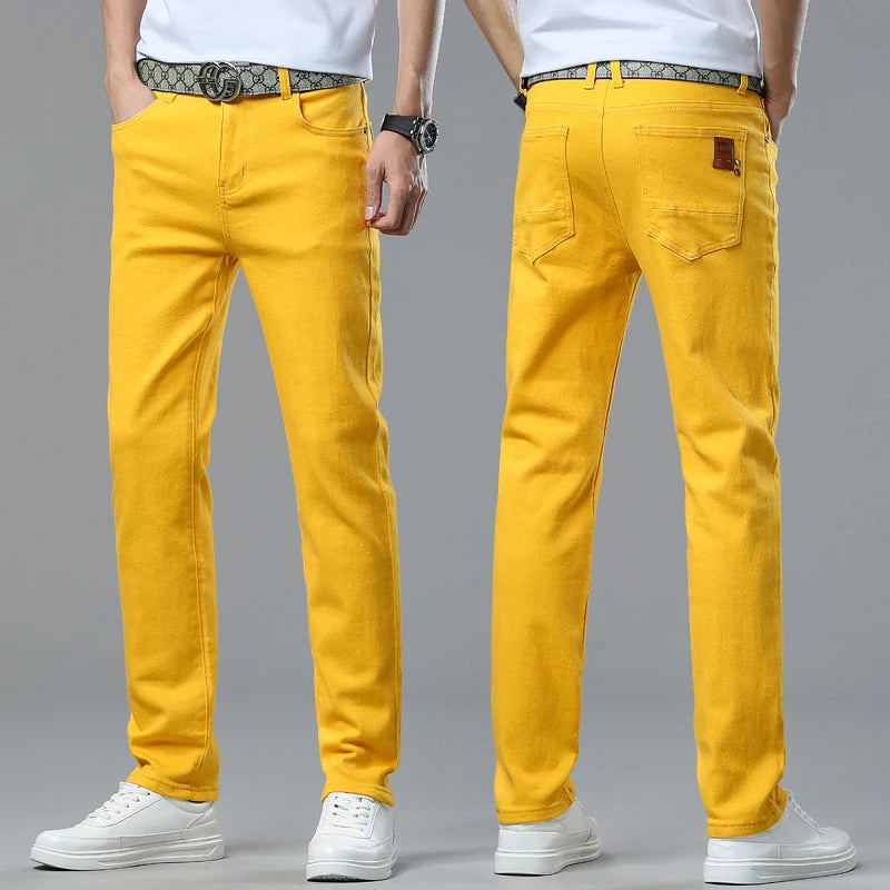 Men's Yellow Red Jeans Brand Jeans Cotton Stretch Slim Straight Casual Denim Pants Fashion Work Denim Trousers Four Season