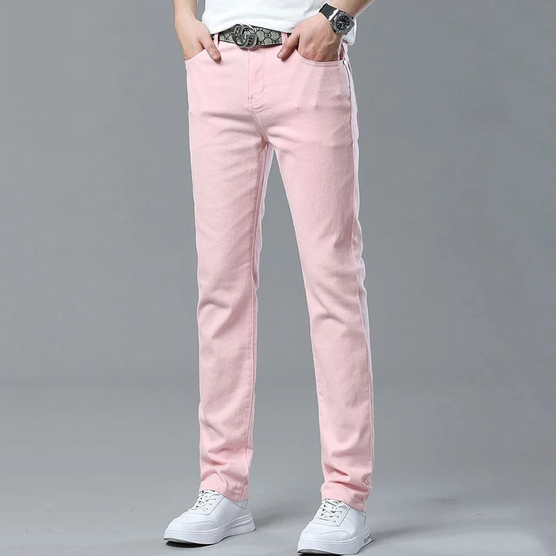 Men Classic Regular Fit Solid Color Jeans Male Business Fashion Denim Straight Leg Cotton Trousers Colorful Denim Pants
