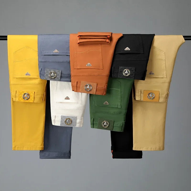 Orange Khaki Jeans for Men Spring and Summer Versatile Simple Classic Washed Stretch Slim Fit Ankle Tight Green Trousers