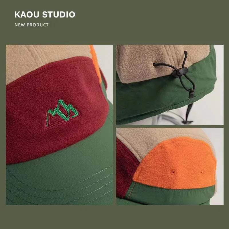 2023New Short Brim Color Matching Ear Protection Autumn Winter Men's Women's Baseball Cap Warm Outdoor Velvet Aviator Bucket Hat