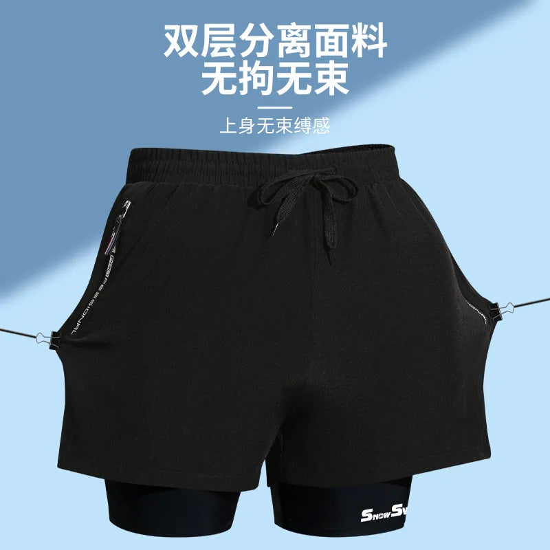 Men's Double-layer Swim Trunks Flat Angle Adult Quick-drying Anti-embarrassment Swim Trunks Beach Pants Spa Swimming Kit
