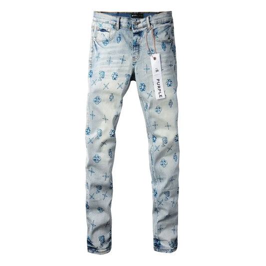 Purple new slim-fit hand-painted printed pants light blue trendy men's jeans casual pants