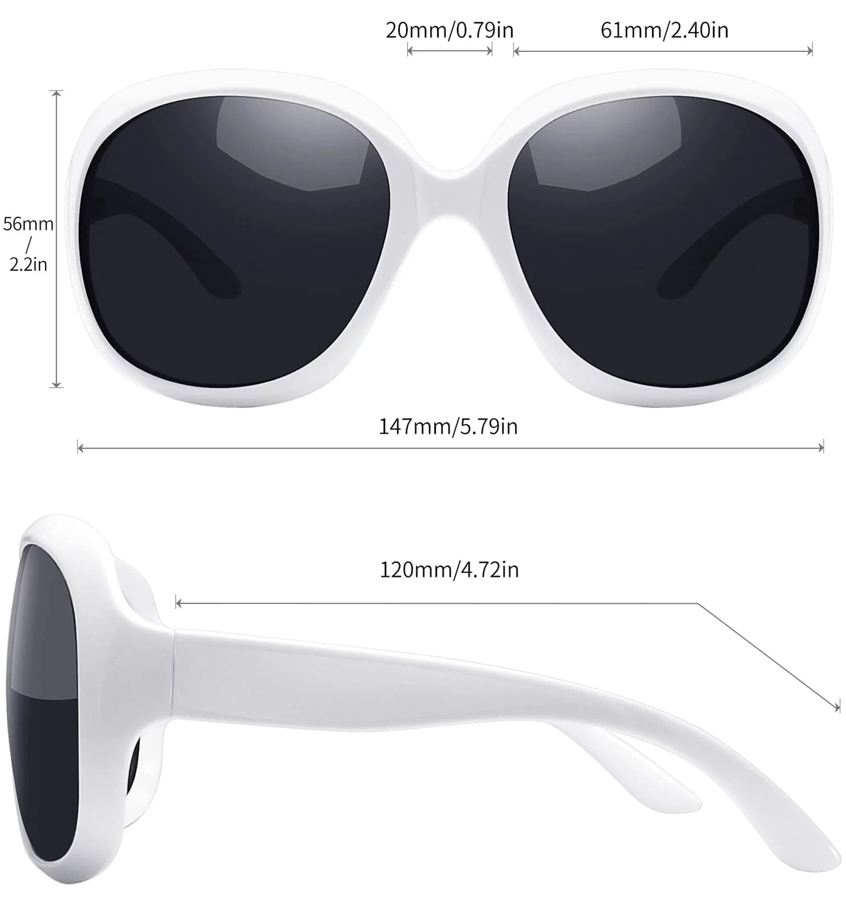 Oversized Polarized Sunglasses for Women, Ladies Vintage Thick Big Frame Sun Glasses Shades (Shiny White)